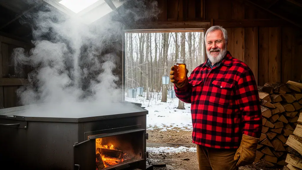 A smiling sugar maker holds up a jar of maple syrup beside a steaming evaporator in his sugarhouse, sap buckets on the maples outside.