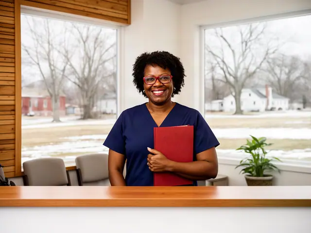 A smiling clinic office manager in red glasses and navy scrubs holding a red folder behind the counter.